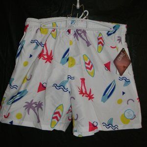 Uzzi Men's Swimsuit Swim Trunks White Blue Neon Pink Retro Pattern NWT